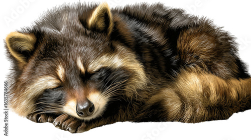 isolated transparent Sleeping raccoon ultra realistic animal illustration with brown fur for cozy woodland nursery and forest decor prints on White Background PNG die-cut for advertising

