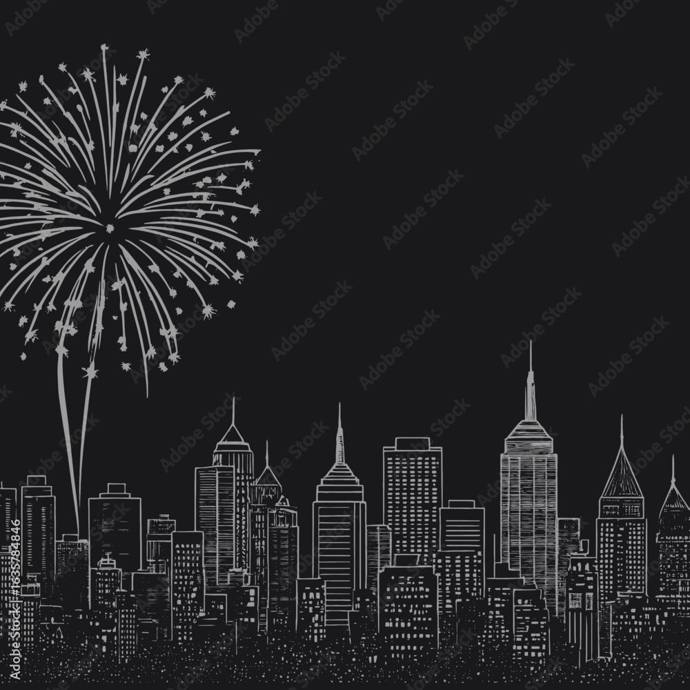 Fototapeta premium Cityscape Fireworks Display with Rooftop Flags city skyline