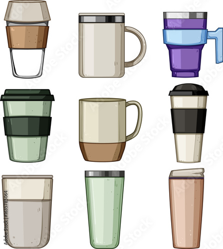 coffee cup reusable set cartoon vector illustration