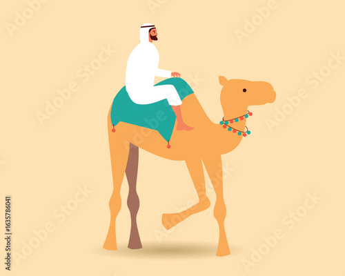 Arab man in traditional clothes with camel isolated, flat vector stock illustration as local culture concept