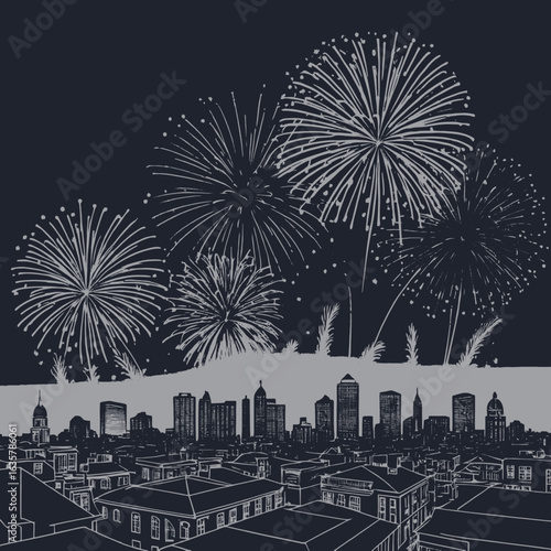 Fireworks explode over city skyline night celebration