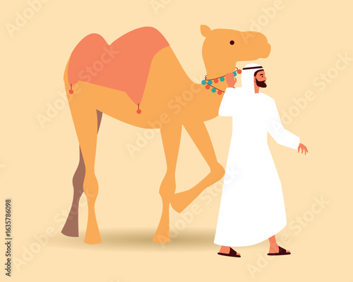 Arab man in traditional clothes with camel isolated, flat vector stock illustration with standing camel