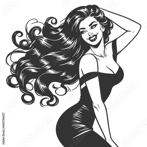 pin-up girl with wavy hair and a confident smile sketch engraving generative ai fictional character vector illustration. Scratch board imitation. Black and white image.