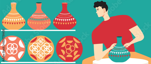 Local african market with hands-on tableware, flat vector stock illustration with craft pottery making moroccan tradition