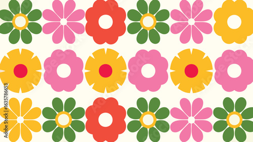 Retro floral pattern with colorful flowers in rows with green pink orange and yellow hues on a cream background