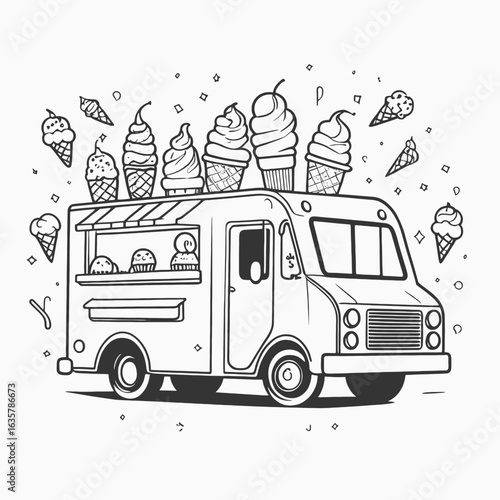Ice Cream Truck With Floating Cones and Notes line art