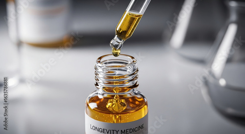 Wallpaper Mural Longevity medicine in glass dropper bottle with golden liquid, symbolizing health, wellness and scientific innovation Torontodigital.ca