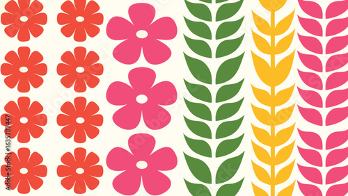 Floral pattern featuring rows of orange flowers pink flowers and leafy branches in green and yellow