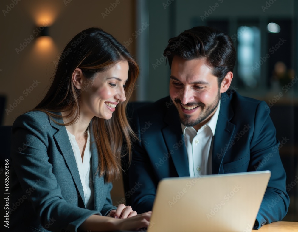 Fototapeta premium Two happy professional executives partners work with laptop businessman and businesswoman use computer software discuss online digital project have fun effective collaboration in corporate meeting 