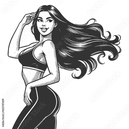 fit retro-style woman in workout clothes, posing confidently with hands in her hair sketch engraving generative ai fictional character vector illustration. Scratch board imitation. Black and white.