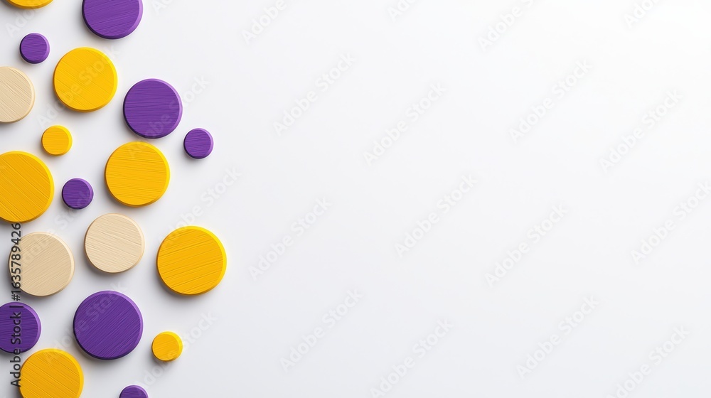 Fototapeta premium Commercial poster of flying wooden discs, freeze motion, vivid yellow and purple, balanced composition, clean white background with text-friendly space.