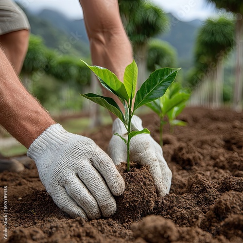 Hands Planting Young Sapling in Rich Dark Soil