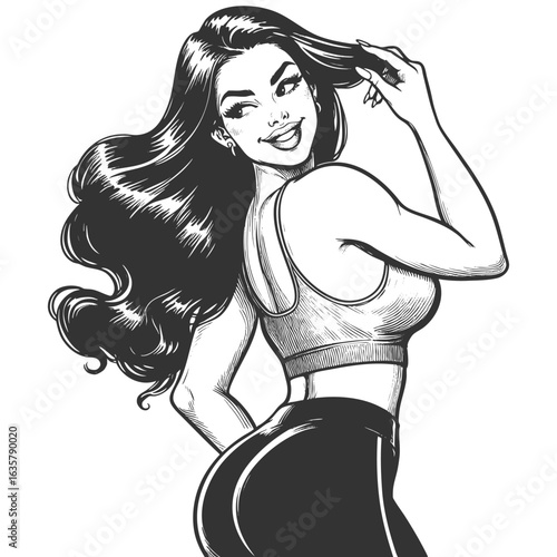 fit retro-style woman in workout clothes, posing confidently with hands in her hair sketch engraving generative ai fictional character vector illustration. Scratch board imitation. Black and white.