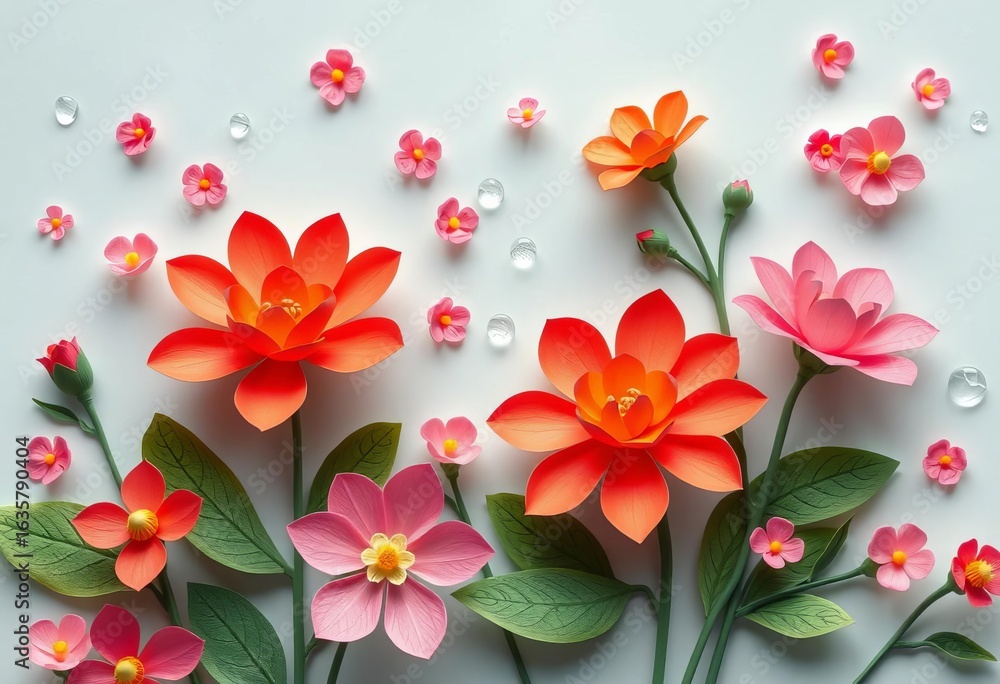 Fototapeta premium Paper cut flowers, water droplets on spring background Delicate craft style vector illustration, spring, background