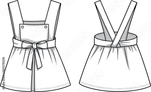 Fashionable apron dress design, detailed vector illustration, front and back view, trendy clothing, stylish outfit, sewing pattern, garment construction