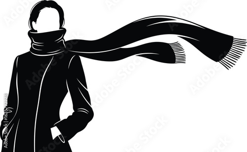 Woman Silhouette with Scarf Blowing in the Wind, Black and White