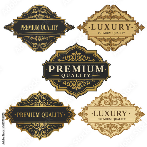 Premium quality luxury labels set in a vintage style. Ornate golden frames and retro badge designs for elegant branding. Vector.