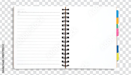 Open spiral-bound notebook with lined pages and colorful bookmarks