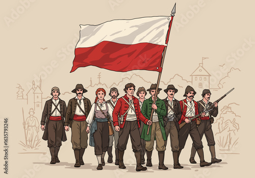 Polish Insurrectionists Marching with National Flag Historical Illustration.