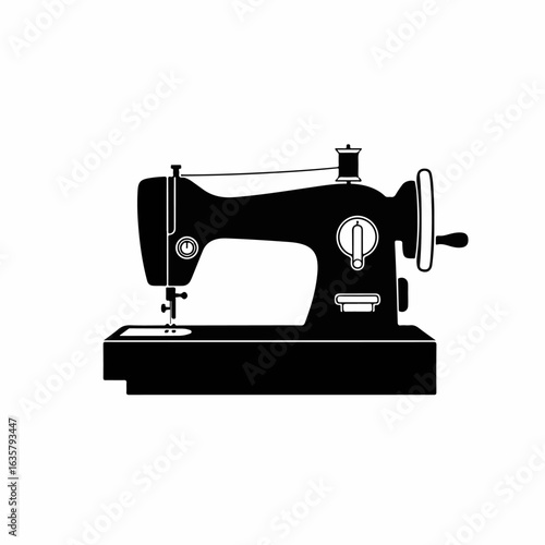 Machine for sewing clothes illustration in simple black and white. Machine for sewing clothes design shows vintage mechanical device, used for stitching textile fabrics.