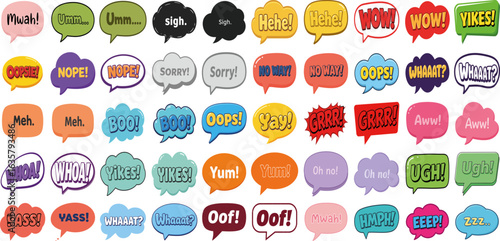 Set of colored speech bubbles displays various chat messages and exclamations in different forms. Set of colored speech bubbles represents communication, reaction, and expression