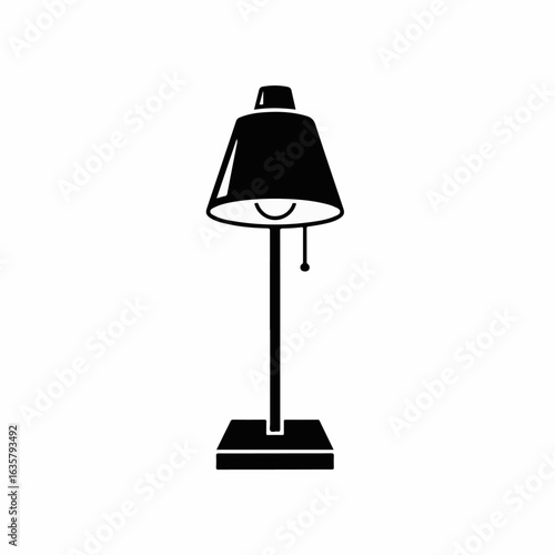 Table lamp icon in black and white shows classic bedside lamp for reading, table lamp near bed. Table lamp and nightstand lighting offer coziness and convenience in any room.