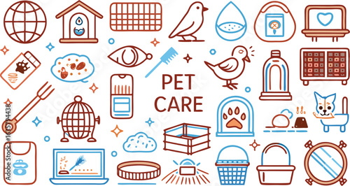 Diverse Pet Care Icons and Illustrations with Text Pet Care Keywords: pet care, animal care, veterinary, pet supplies, pet health, pet grooming, pet food, pet toys, pet
