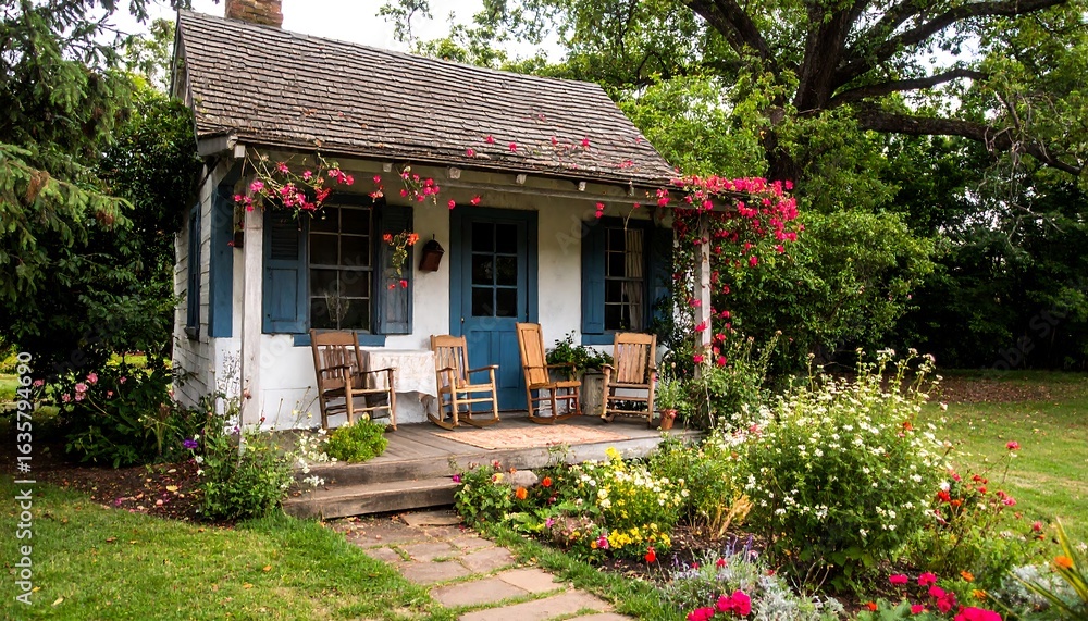 Fototapeta premium Quaint cottage with porch and garden