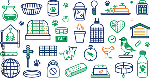 Assortment of Pet Care Icons and Illustrations with Text FA and Pet Care Keywords: pet care, animal care, veterinary, pet supplies, pet health, pet grooming, pet food