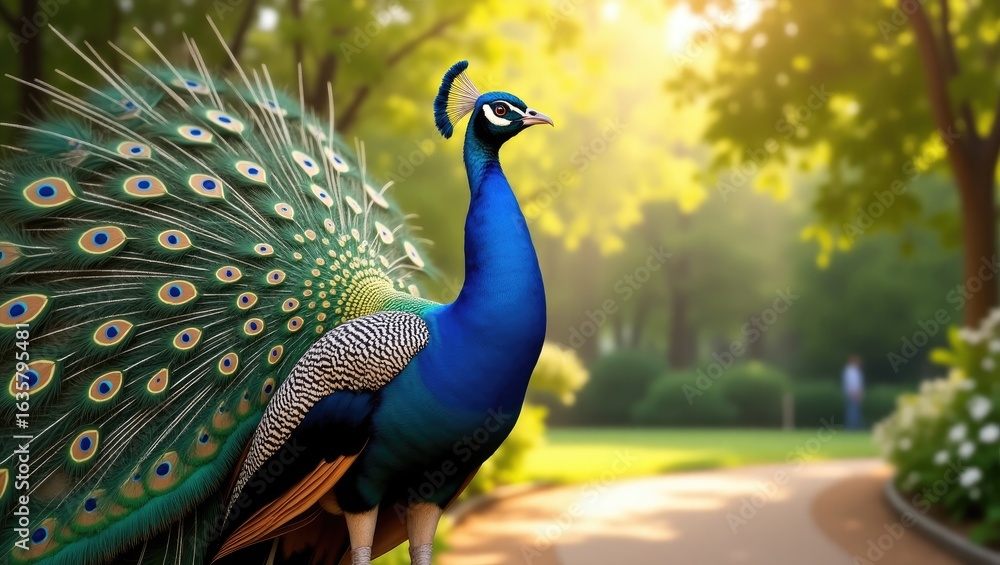 Fototapeta premium Stunning peacock with vibrant plumage in a park setting.
