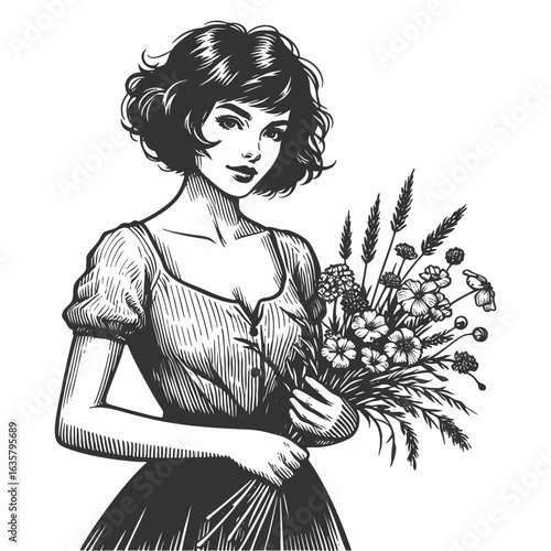 joyful woman with flowers in her hair, holding a large wildflower bouquet and smiling brightly sketch engraving generative ai fictional character vector illustration. Scratch board. Black and white.
