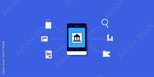 Mobile banking app manages purchase, execute payment and track financial transactions integrated with digital wallet.