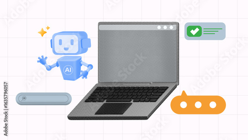 AI chatbot assistant performs tasks with a halftone collage laptop, checklist, and typing bubble icons