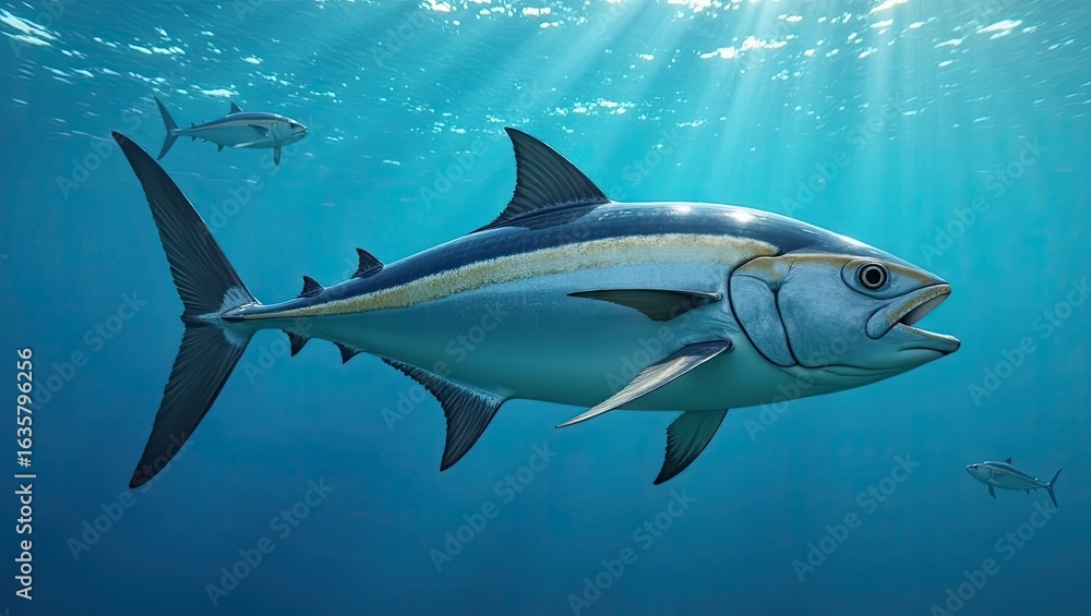 Fototapeta premium A large tuna swims in the ocean depths.
