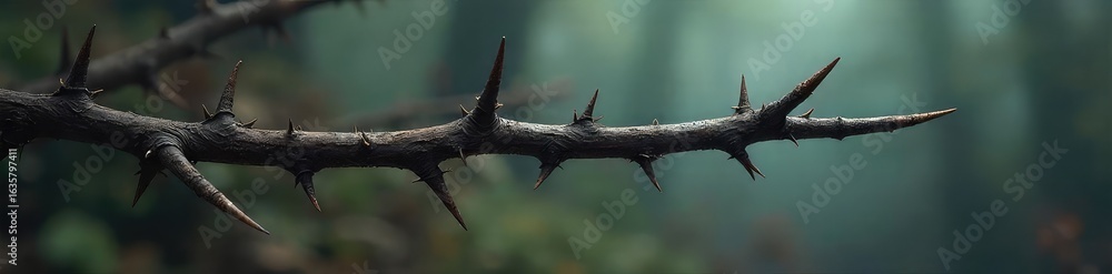 Fototapeta premium Close-up shot of thorny branches, intricate details of sharp thorns against a blurred background Perfect for fantasy, gothic, nature, or rustic themes High-resolution image , nature, rustic, organic