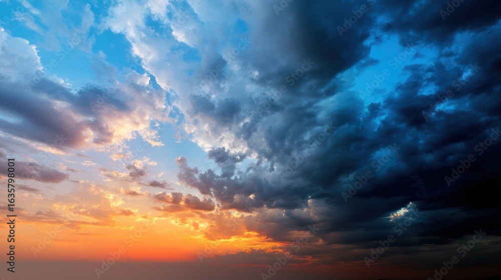 Obraz premium Dramatic sky panorama with wide-angle perspective, capturing vivid clouds and contrasting warm and cool colors at sunrise and sunset