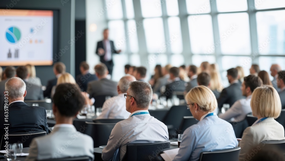 Fototapeta premium Confident businessman giving a presentation in front of crowd in meeting conference seminar room. Leadership authority teamwork in business concept