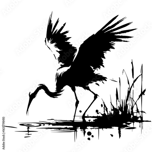 Silhouette of a stork looking for food