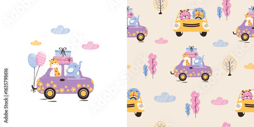 Children's, festive background and seamless pattern with funny animals on cars . Vector design for fabric, wallpaper, wrapping paper, and more.