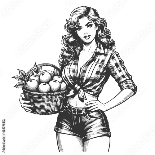 smiling pin-up girl in plaid shirt and shorts, holding a basket full of fresh apples sketch engraving generative ai fictional character vector illustration. Scratch board imitation. Black and white.