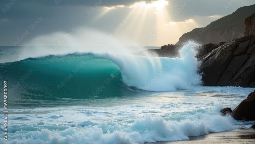Naklejka premium Powerful ocean wave crashing against coastal rocks.