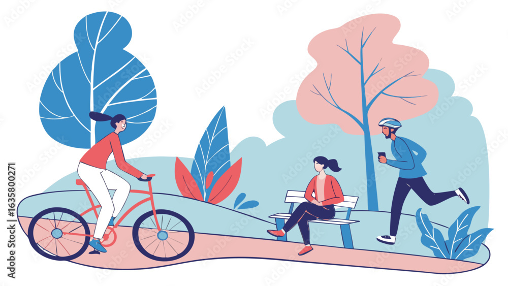 Obraz premium People enjoying outdoor activities in the park, cycling, running, and relaxing on a bench while maintaining social distance