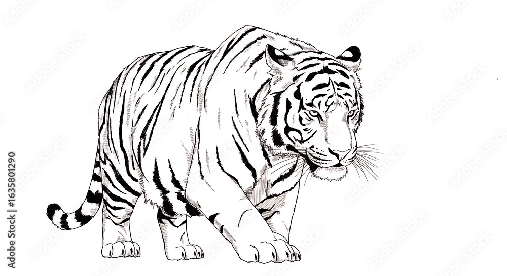 Fototapeta premium Black and White Tiger Drawing on White Background
