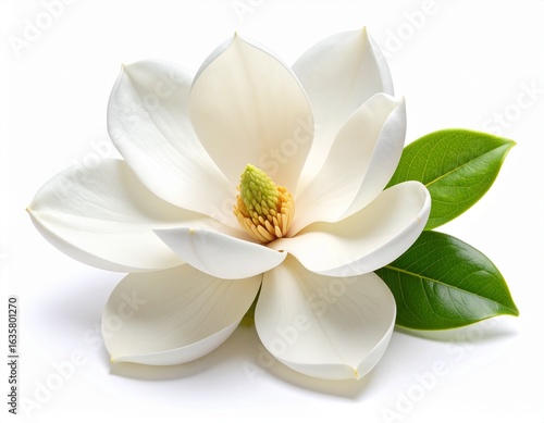 A perfect white magnolia flower in full bloom with green leaves, isolated on a white background symbolizing purity and elegance.