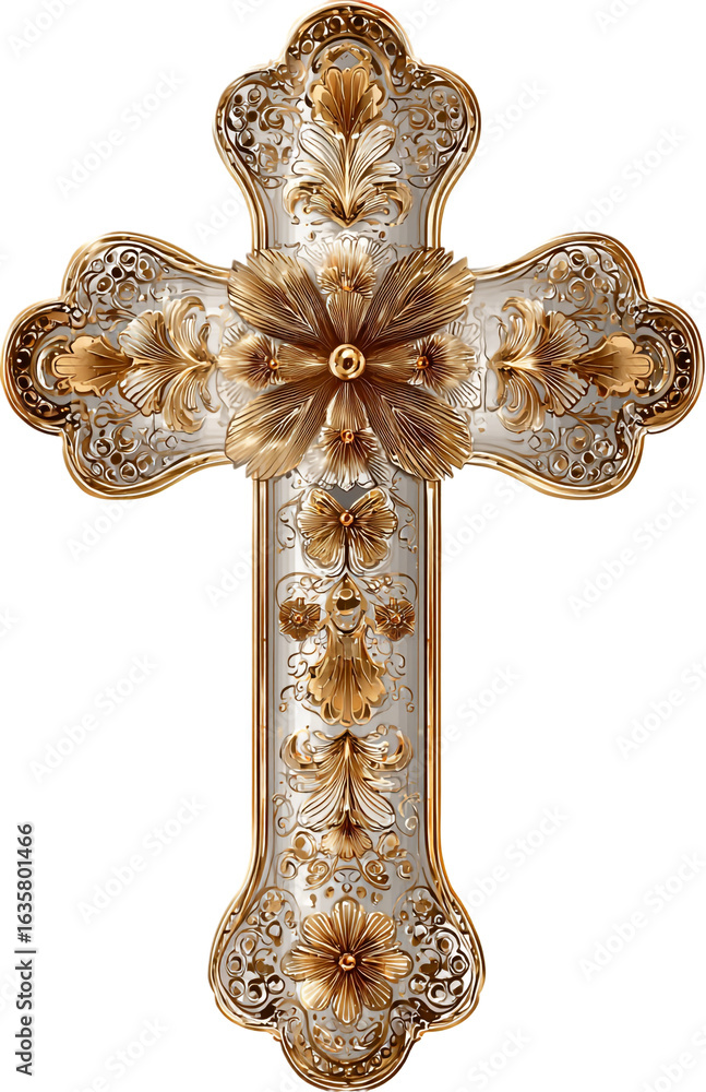 Fototapeta premium Ornate gold and silver cross isolated on transparent background, religious symbol