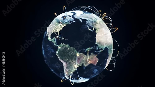 Animated Earth globe with glowing lines representing global network connections and data transfer a concept of worldwide technology and communication