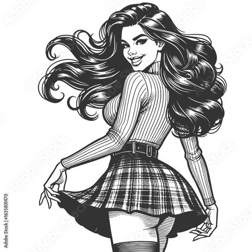 pin-up girl wearing a plaid skirt and tight turtleneck, smiling and posing playfully sketch engraving generative ai fictional character vector illustration. Scratch board imitation. Black and white.