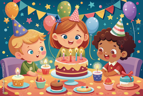Toddlers at a festive table with cake and candles, eyes sparkling with excitement