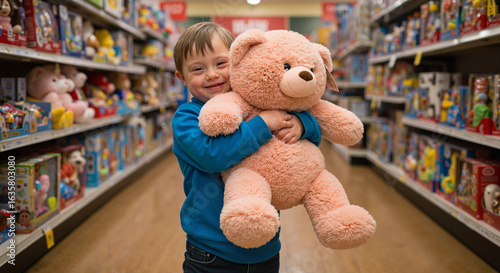 Child with Down syndrome hugging large plush toy in toy store aisle, joyful expression