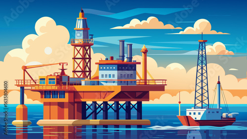  very beautiful A serene illustration of a drilling rig with a support vessel in a calm offshore area, symbolizing the peaceful but vital energy production process taking place far from land